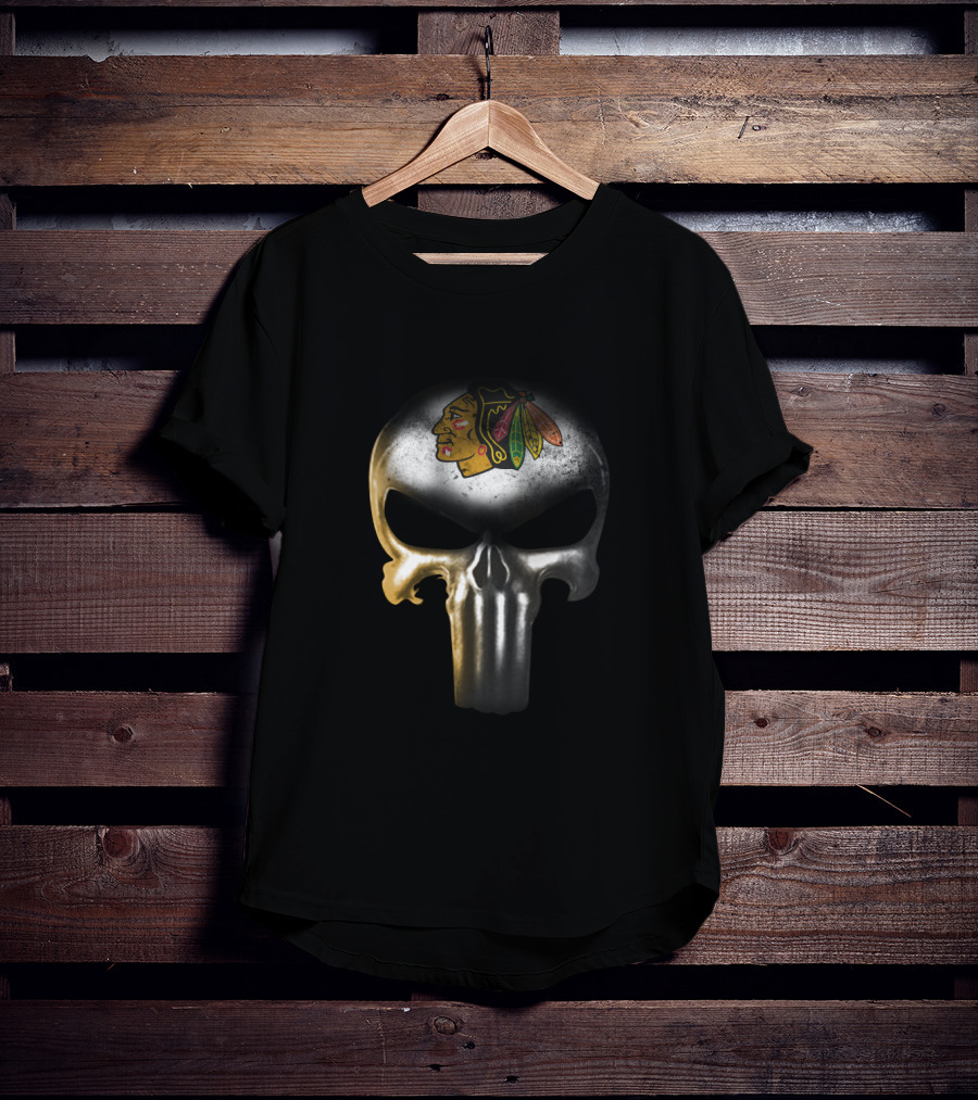 Chicago Blackhawks Fans Punisher Skull Logo Mashup T-Shirt