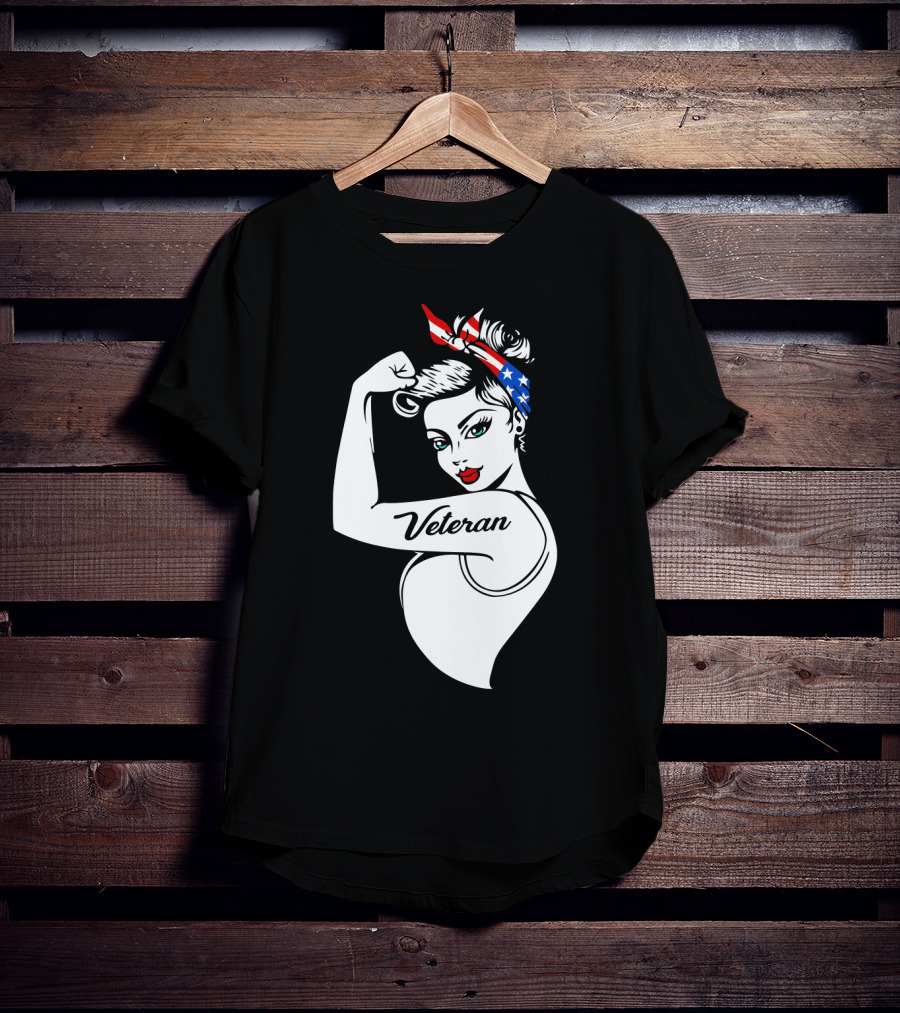 Veteran Strong Woman With Patriotic Headband Rosie The Riveter Style T-Shirt