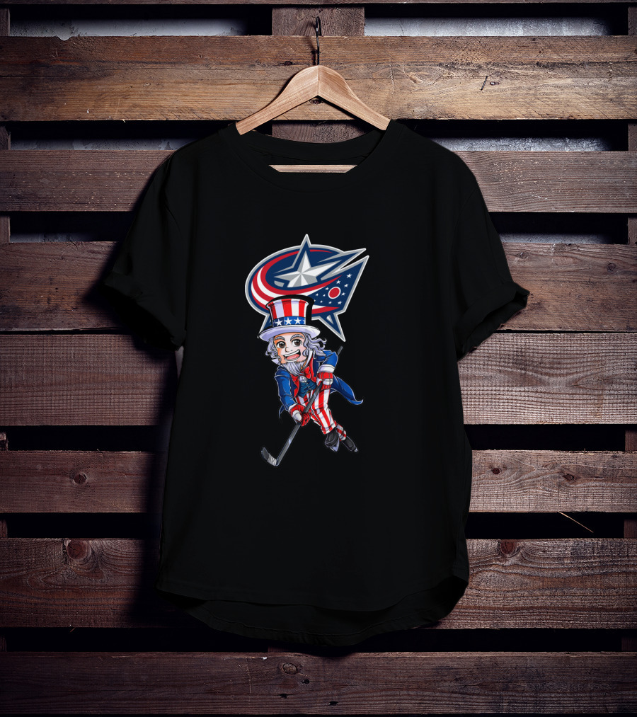 Uncle Sam Playing Hockey With Columbus Blue Jackets For 4Th Of July T-Shirt