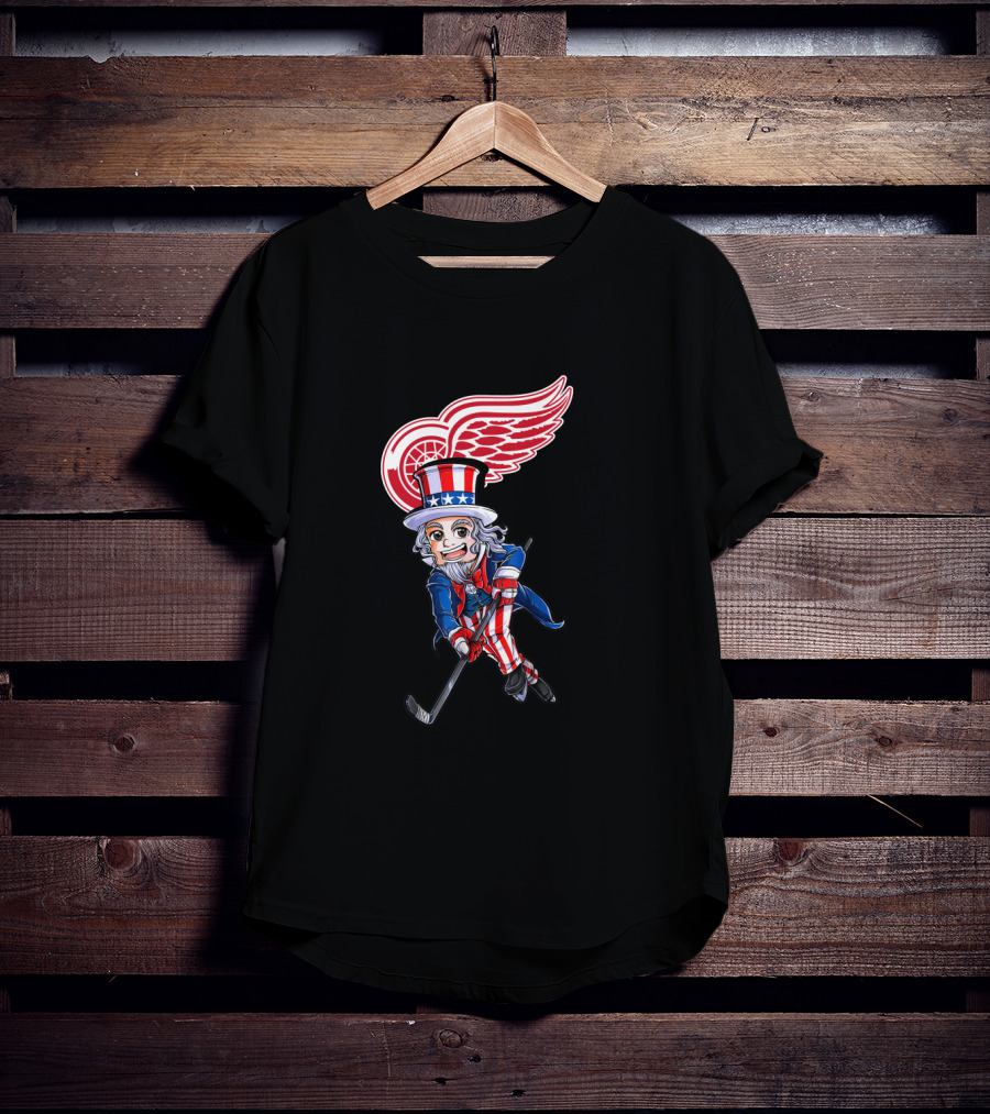 Uncle Sam Hockey With Detroit Red Wings Logo For 4Th Of July Celebration T-Shirt