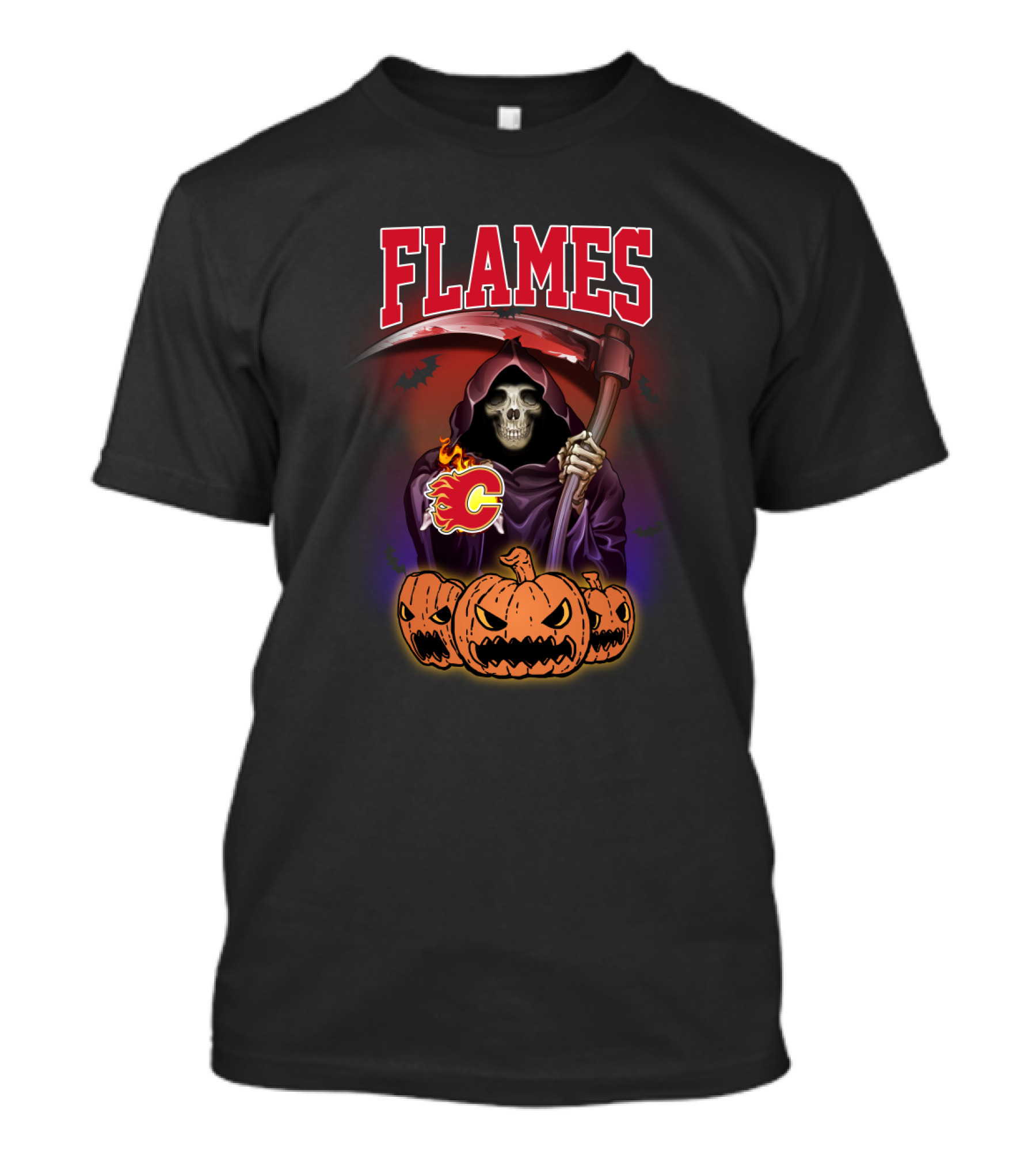 Flames Calgary Reaper With Scythe And Halloween Pumpkins T-Shirt