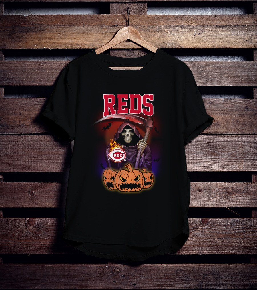 Cincinnati Reds Reaper With Scythe And Pumpkins Halloween T-Shirt