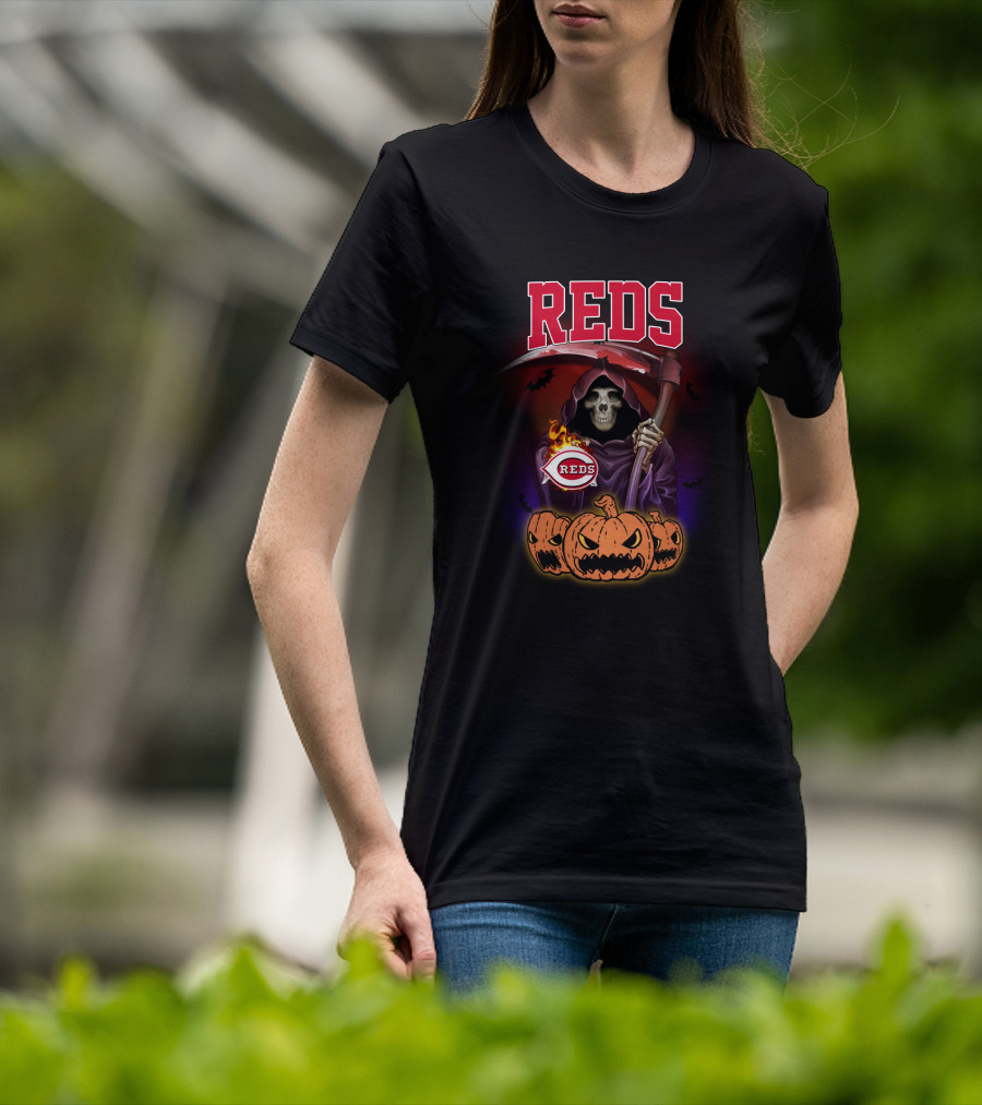 Cincinnati Reds Reaper With Scythe And Pumpkins Halloween T-Shirt