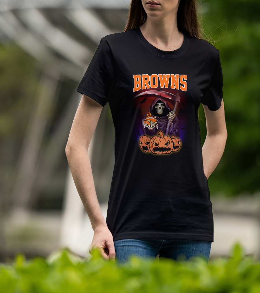 Cleveland Browns Reaper With Scythe And Pumpkins T-Shirt