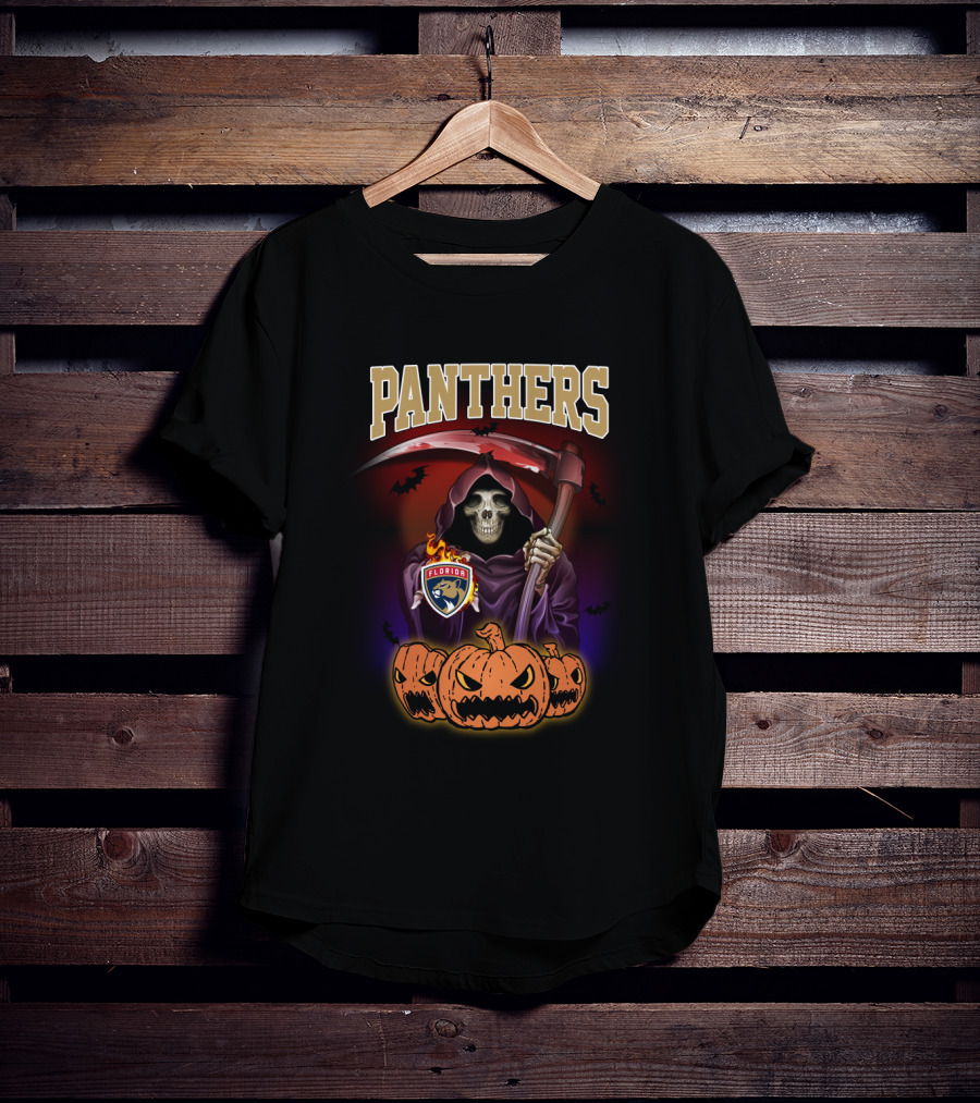 Panthers Grim Reaper Halloween Florida Hockey Logo Pumpkins Scythe T-Shirt