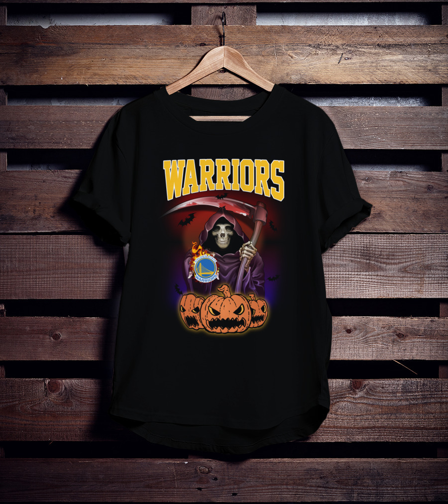 Warriors Grim Reaper Halloween With Golden State Warriors Logo And Pumpkins T-Shirt
