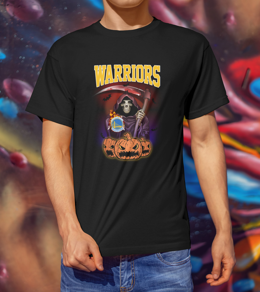 Warriors Grim Reaper Halloween With Golden State Warriors Logo And Pumpkins T-Shirt