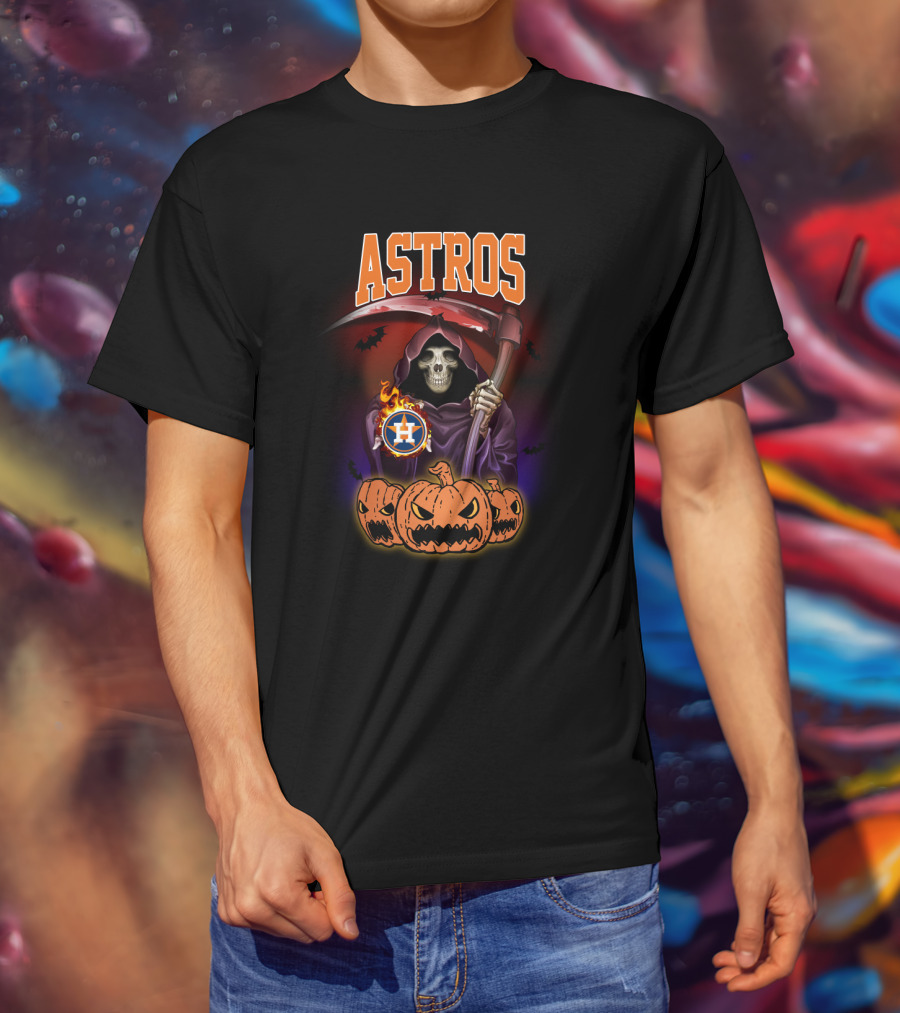 Houston Astros Halloween Reaper With Scythe And Pumpkins T-Shirt