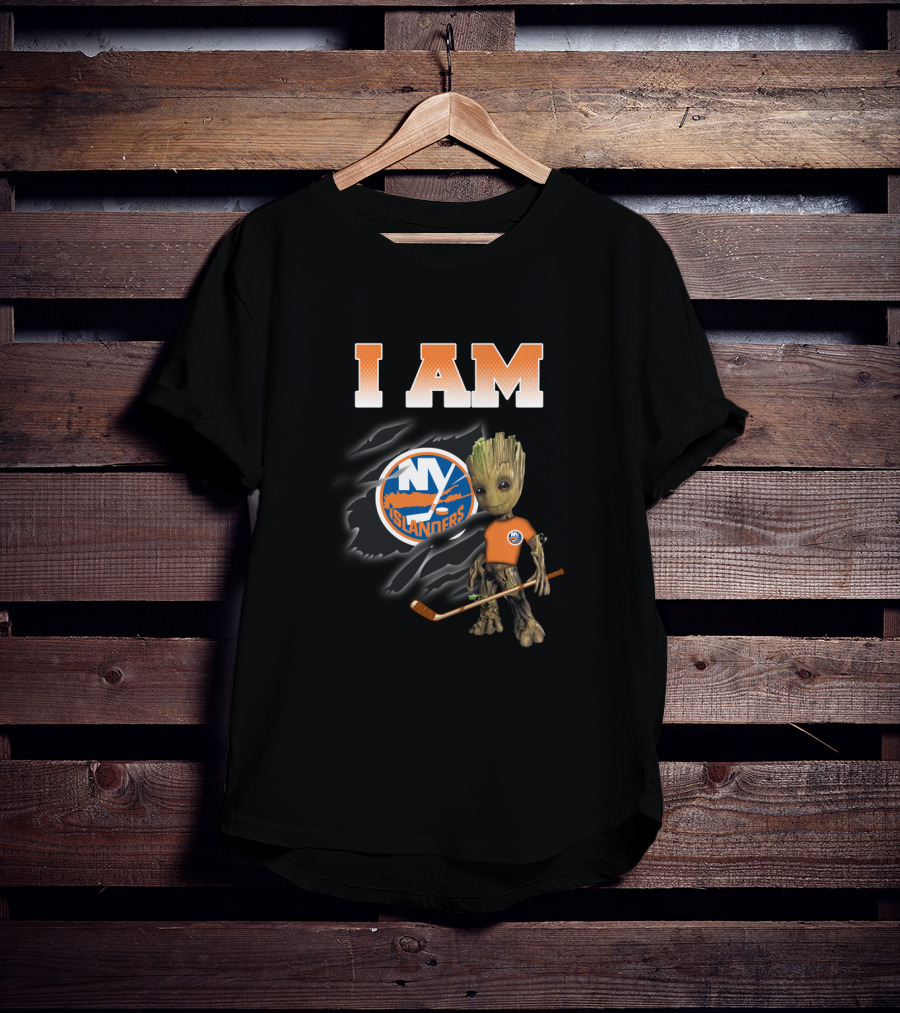 I Am New York Islanders Groot Fan With Hockey Stick T-Shirt