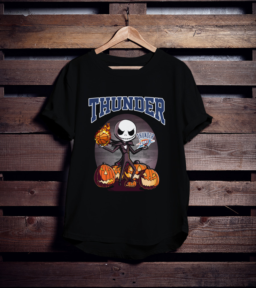 Thunder Jack Skellington Halloween Oklahoma City Thunder Basketball Pumpkins T-Shirt