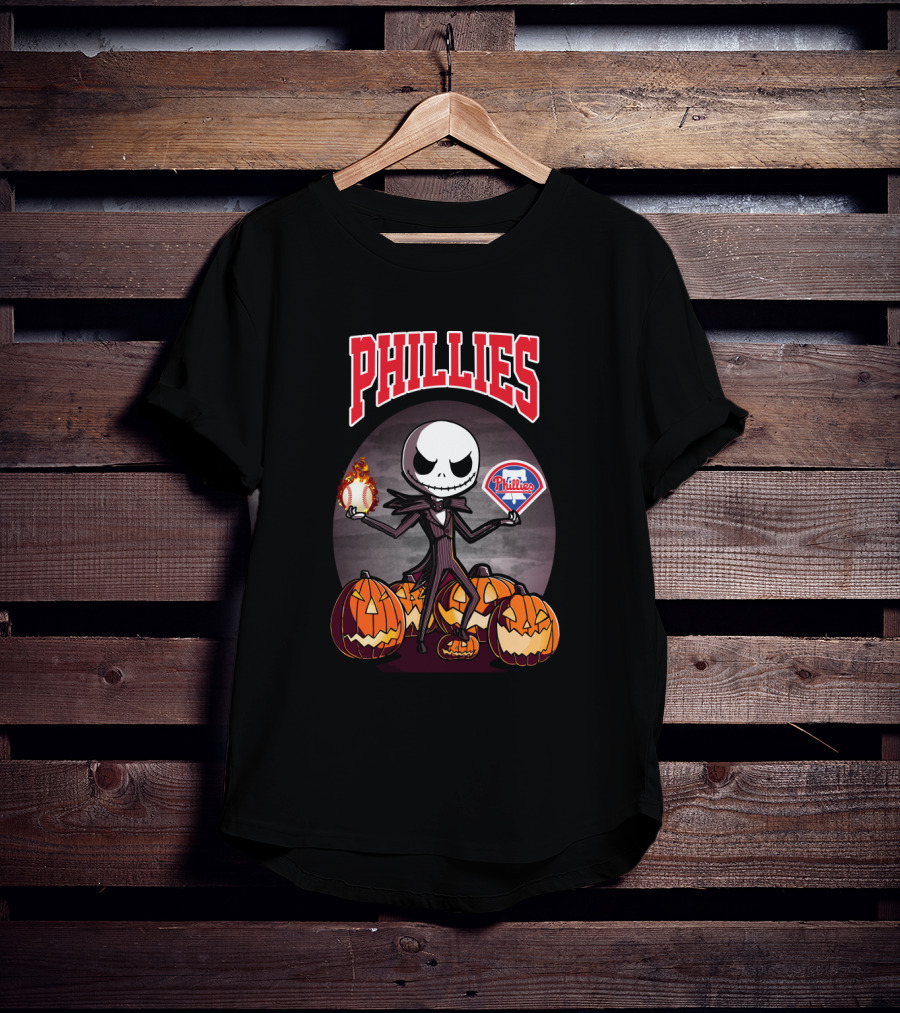 Phillies Jack Skellington Halloween With Pumpkins And Baseball T-Shirt