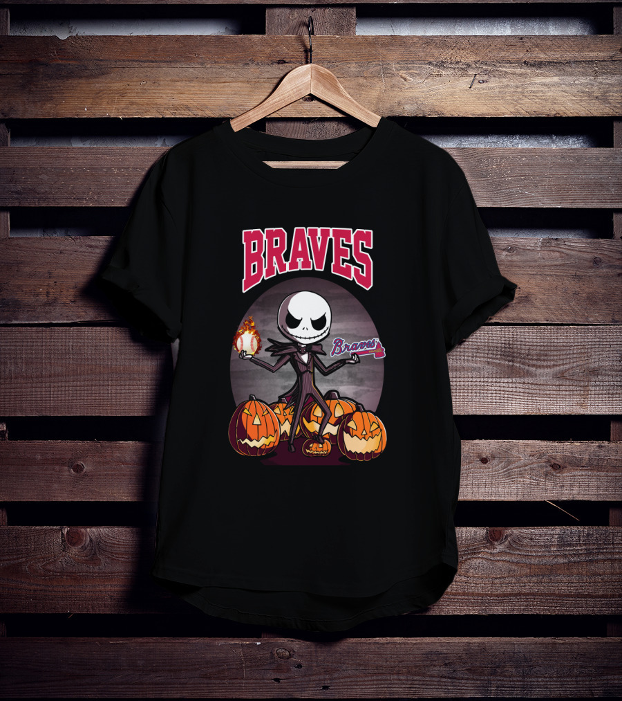 Braves Jack Skellington Halloween Pumpkins With Flaming Baseball T-Shirt