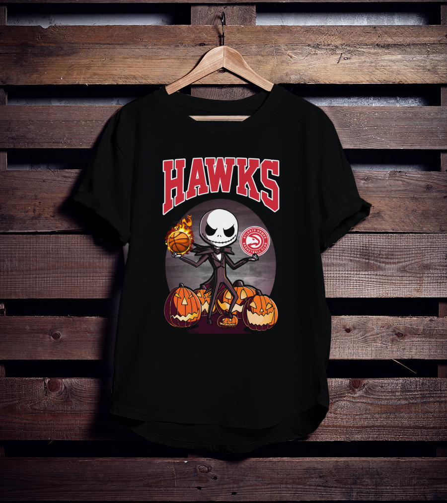 Jack Skellington Halloween Atlanta Hawks Basketball And Pumpkins T-Shirt