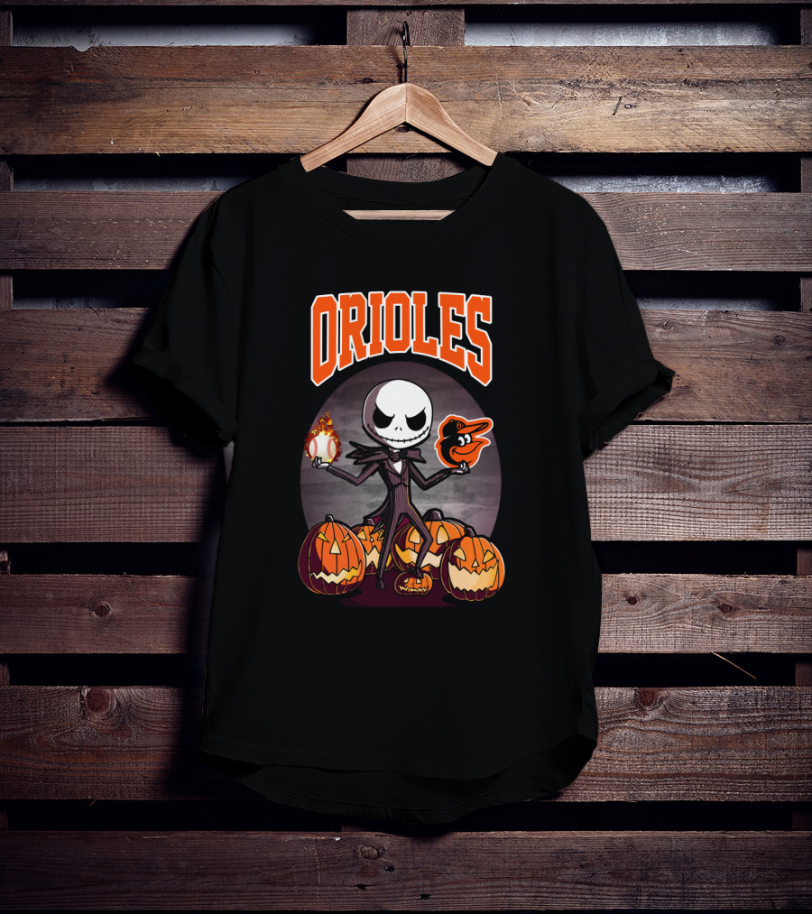Orioles Halloween Jack Skellington Holding Flaming Baseball And Baltimore Orioles Logo Amidst Jack-O'-Lanterns T-Shirt