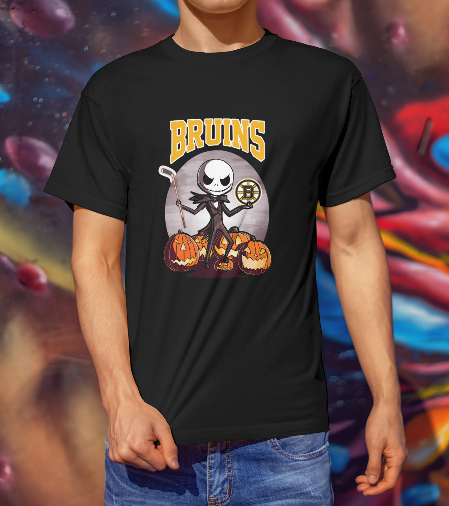 Bruins Jack Skellington Halloween With Boston Hockey Pumpkins T-Shirt