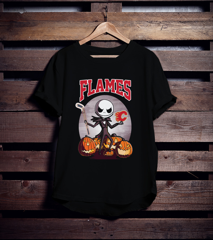 Calgary Flames Jack Skellington Halloween Hockey Pumpkins T-Shirt