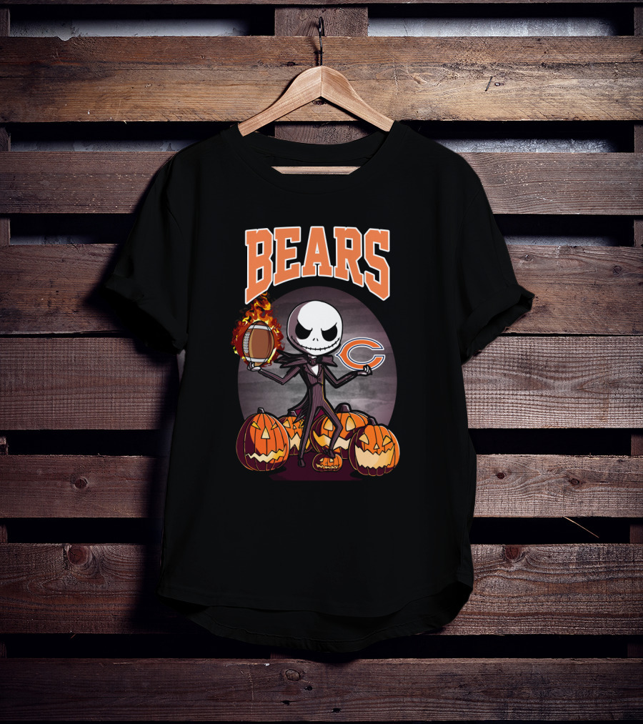 Bears Jack Skellington Halloween Chicago Football Theme With Pumpkins T-Shirt