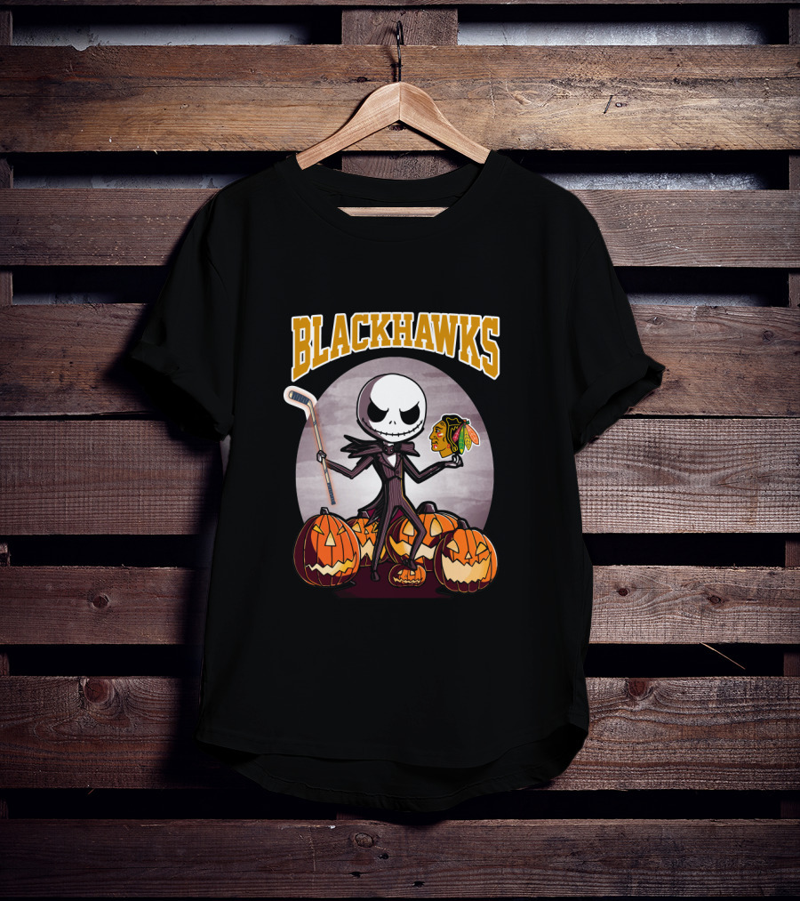 Jack Skellington Holding Chicago Blackhawks Logo Surrounded By Halloween Pumpkins T-Shirt