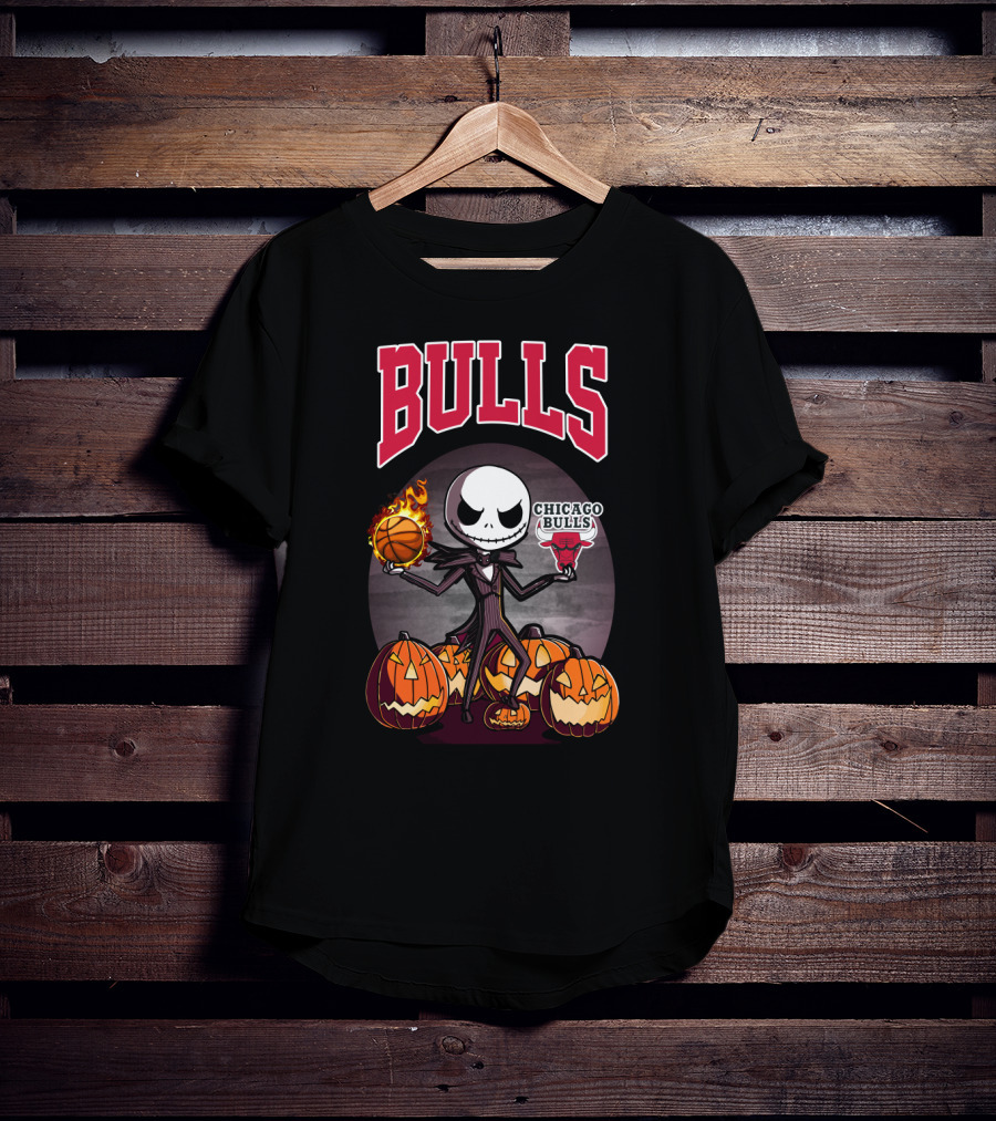 Bulls Halloween Jack Skellington Chicago Bulls Basketball Pumpkins T-Shirt