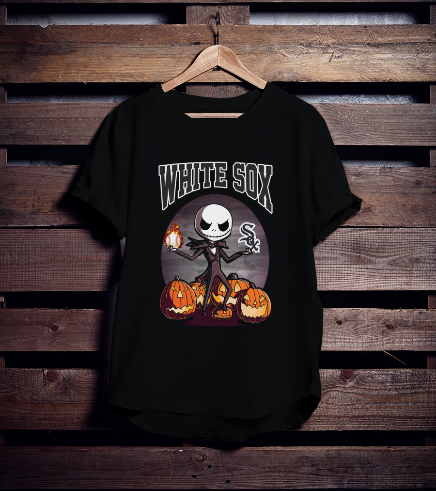 White Sox Halloween Jack Skellington Holding Baseball Surrounded By Pumpkins T-Shirt