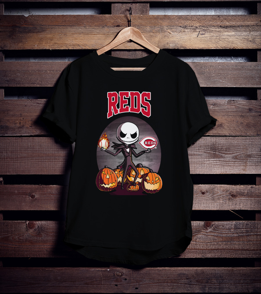 Reds Jack Skellington With Pumpkins And Baseball Cincinnati Halloween T-Shirt
