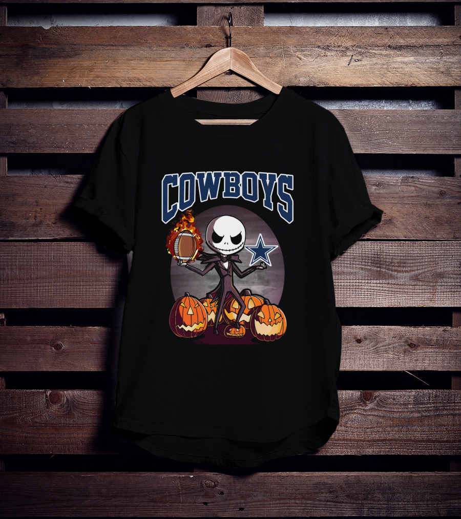 Jack Skellington Holding Flaming Football Surrounded By Pumpkins Dallas Cowboys T-Shirt