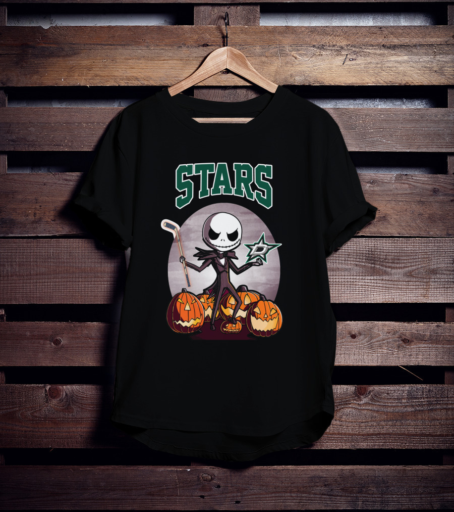 Dallas Stars Halloween Jack Skellington With Hockey Stick And Pumpkins T-Shirt