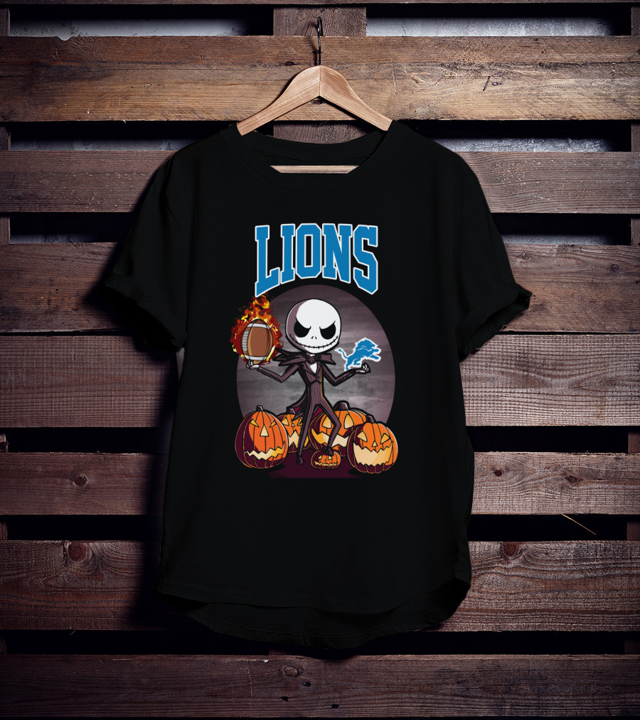 Jack Skellington Detroit Lions Halloween Football With Pumpkins T-Shirt