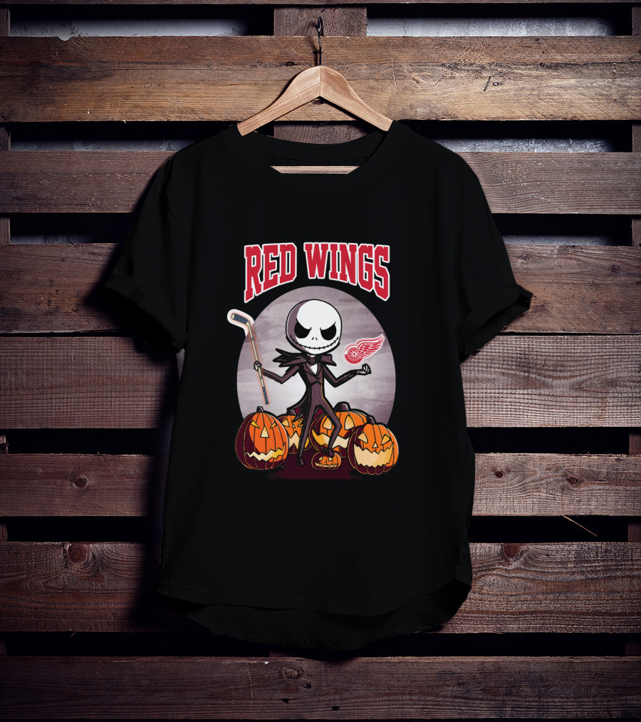 Jack Skellington Halloween Detroit Red Wings Hockey Pumpkins T-Shirt