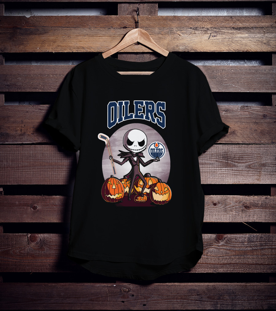 Oilers Jack Skellington Halloween Edmonton Oilers Hockey Pumpkin T-Shirt