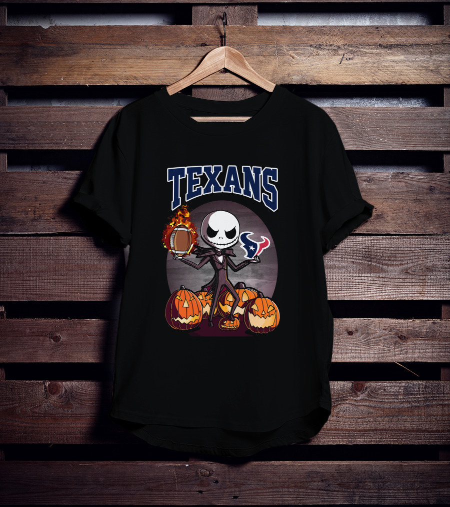 Jack Skellington Halloween Texans Football Theme With Pumpkins T-Shirt