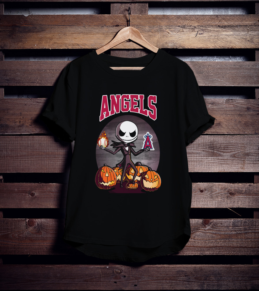 Jack Skellington Halloween Los Angeles Angels Pumpkins With Baseball And Halo T-Shirt