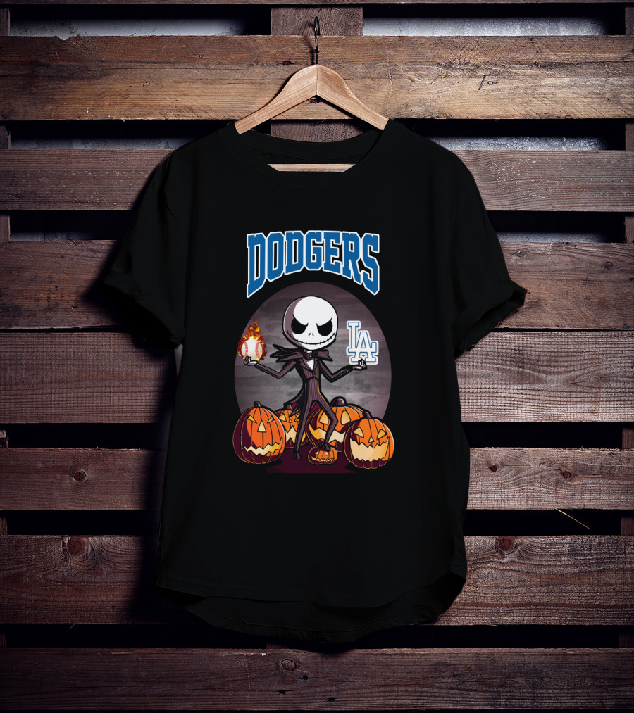 Dodgers Jack Skellington Halloween With LA Logo And Pumpkins T-Shirt