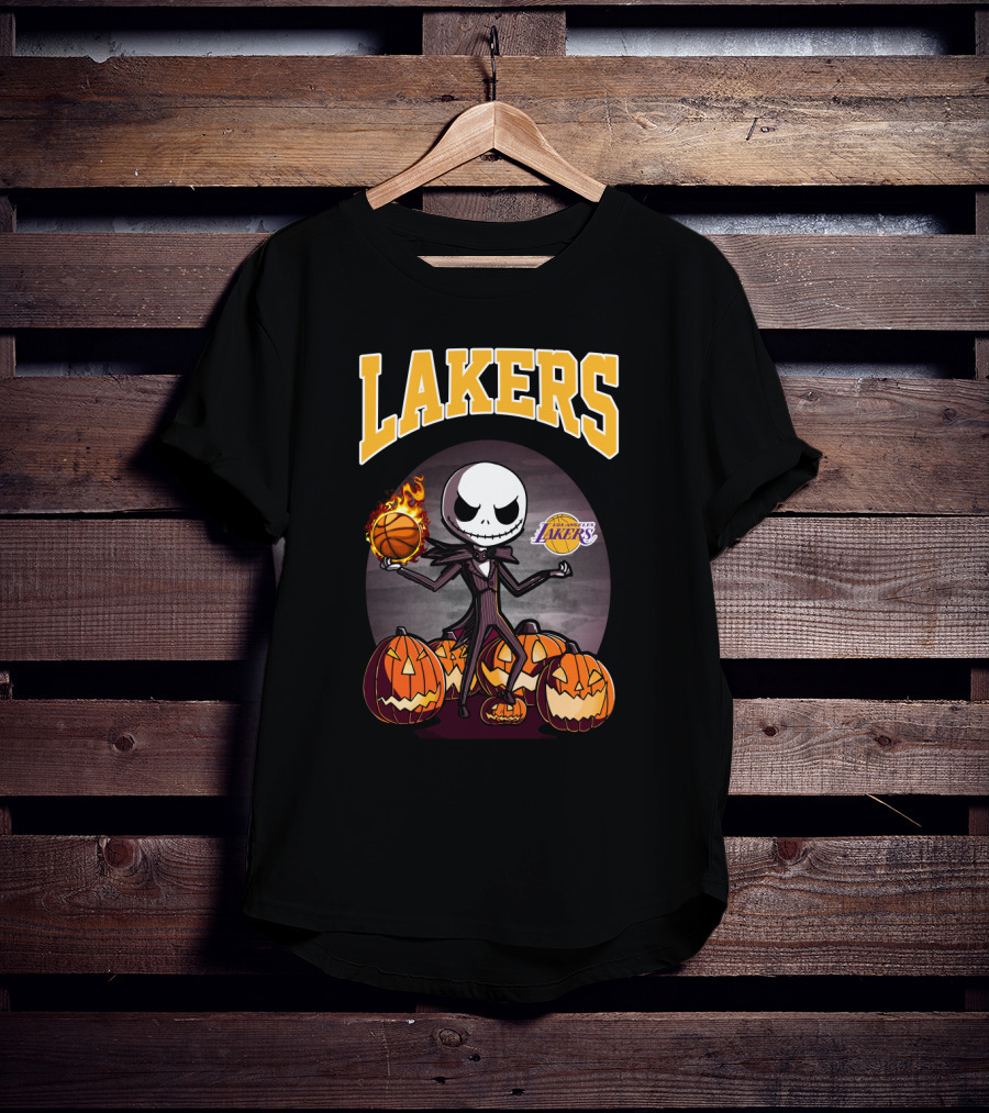 Lakers Jack Skellington Halloween Basketball With Pumpkins And Los Angeles Lakers T-Shirt