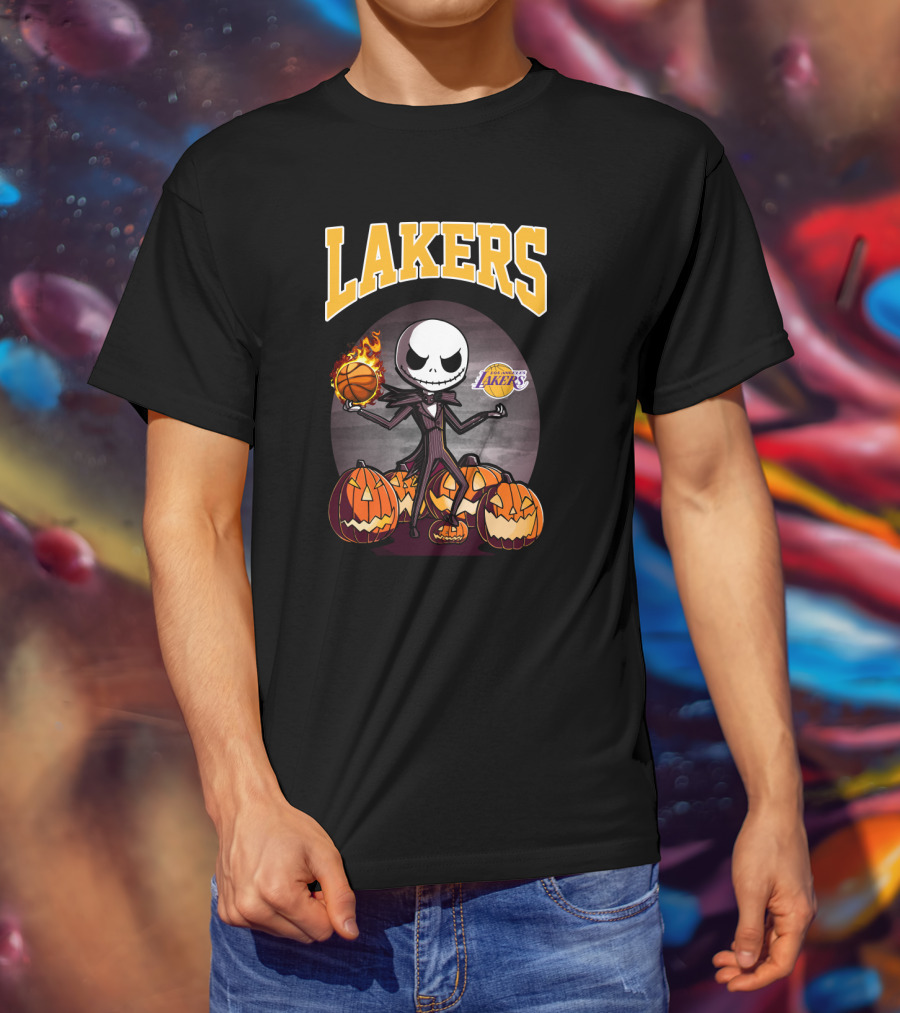 Lakers Jack Skellington Halloween Basketball With Pumpkins And Los Angeles Lakers T-Shirt
