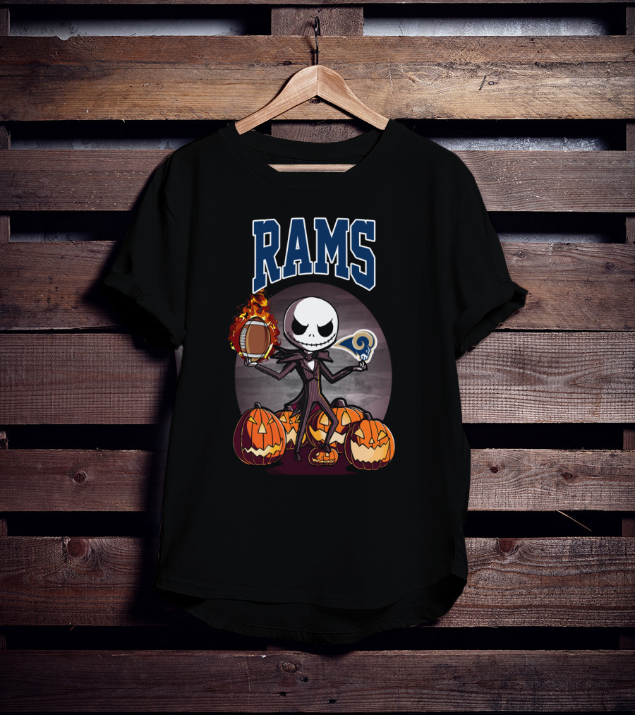 Jack Skellington Los Angeles Rams Halloween Football Pumpkins T-Shirt