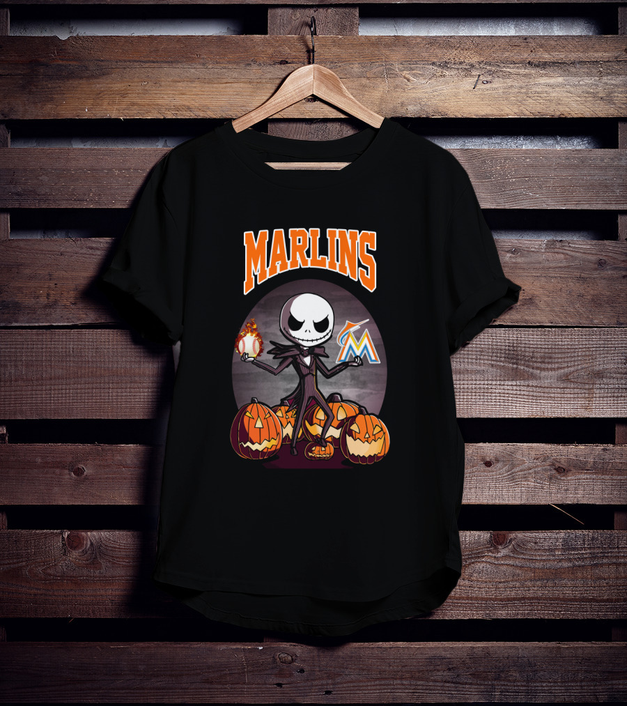 Marlins Jack Skellington With Pumpkins And Miami Baseball T-Shirt