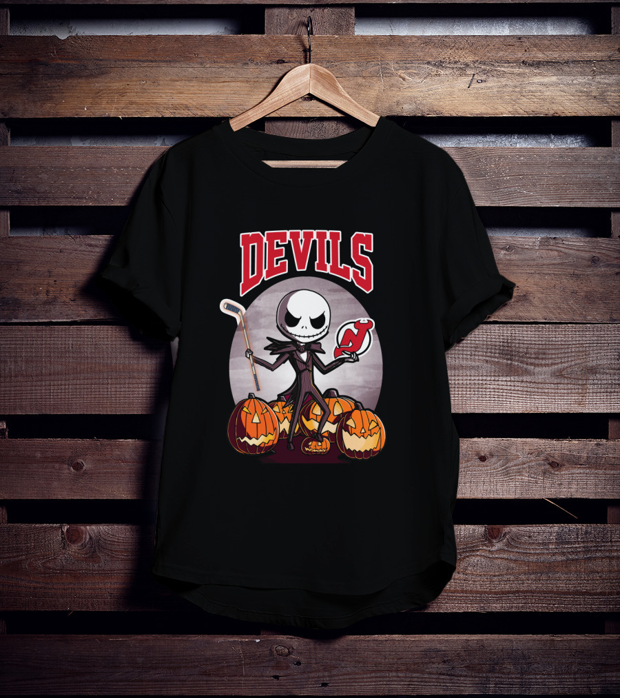 Jack Skellington New Jersey Devils Halloween Hockey Icon With Pumpkins T-Shirt