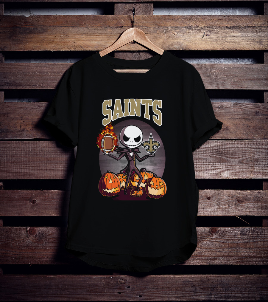 Saints Jack Skellington Halloween Football Pumpkins Fleur-De-Lis T-Shirt