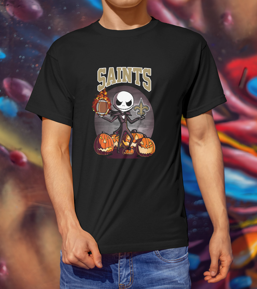 Saints Jack Skellington Halloween Football Pumpkins Fleur-De-Lis T-Shirt