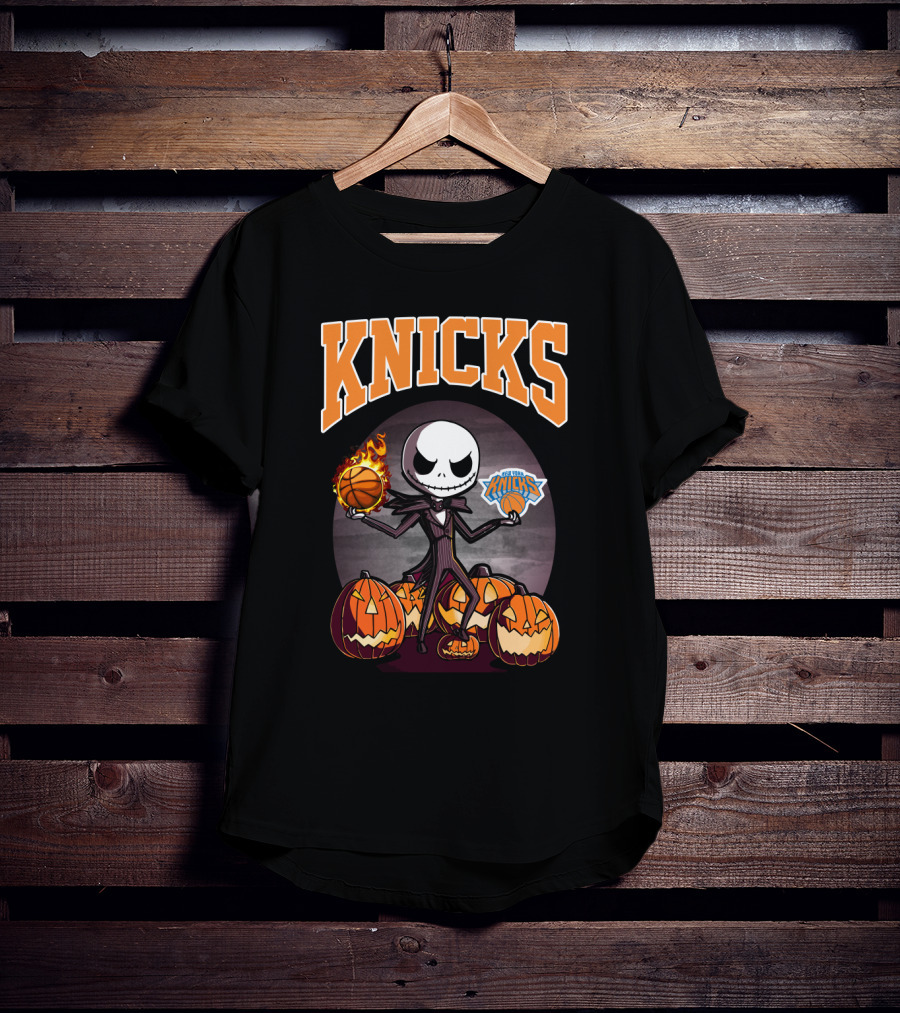 Knicks Jack Skellington Halloween Basketball With Pumpkins T-Shirt
