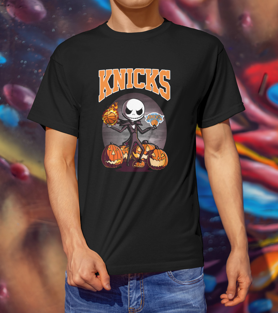 Knicks Jack Skellington Halloween Basketball With Pumpkins T-Shirt