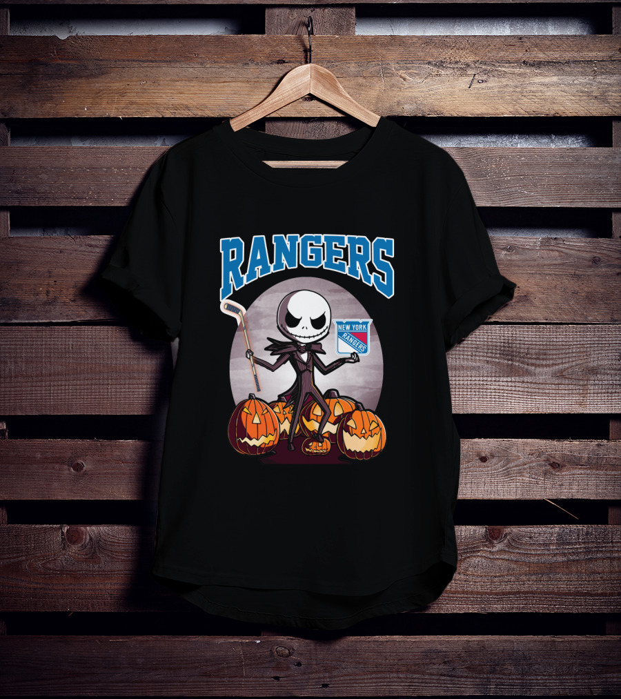 New York Rangers Jack Skellington Halloween Holding Hockey Stick With Pumpkins T-Shirt