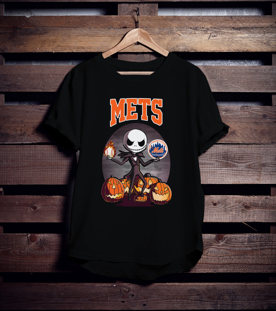 Jack Skellington Halloween New York Mets Pumpkin Baseball T-Shirt