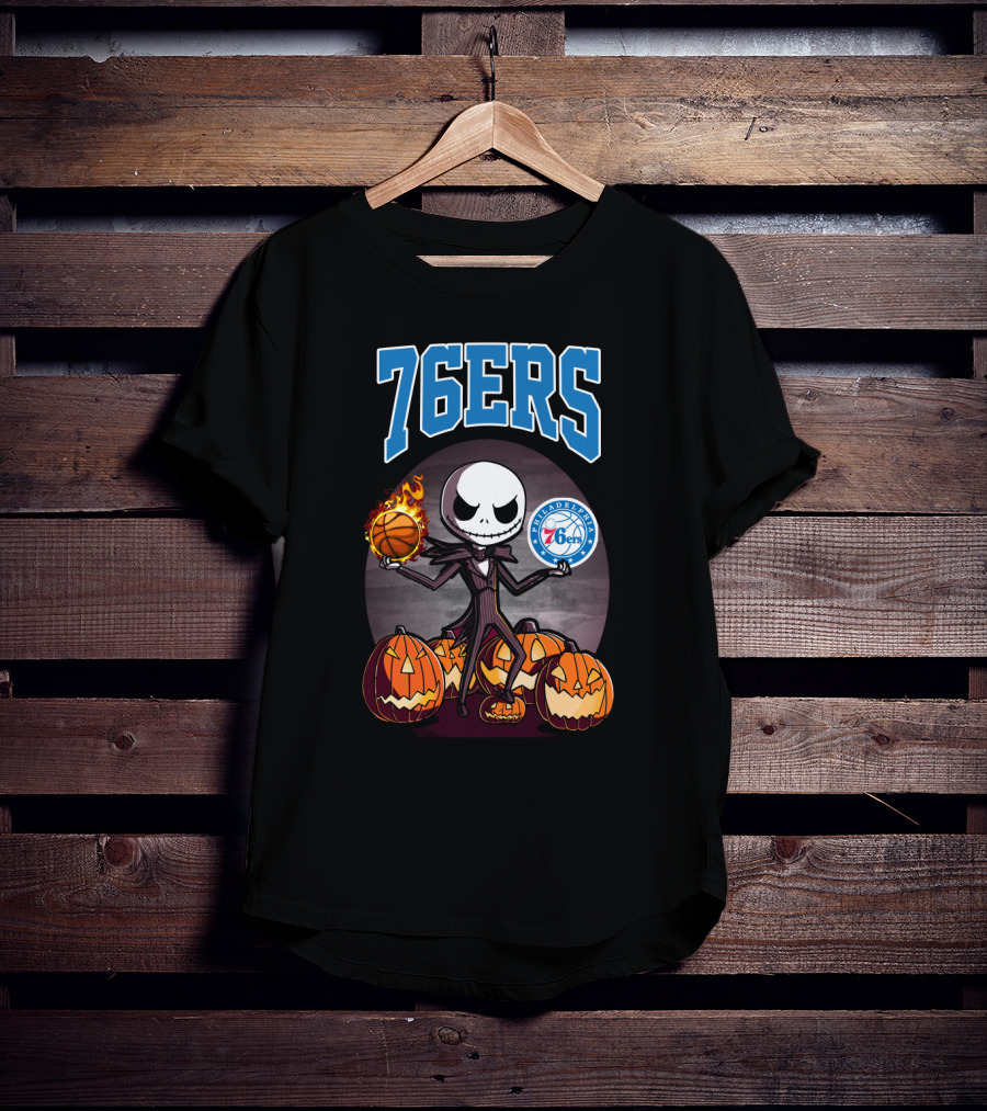 Philadelphia 76ers Jack Skellington Halloween Basketball Pumpkins T-Shirt