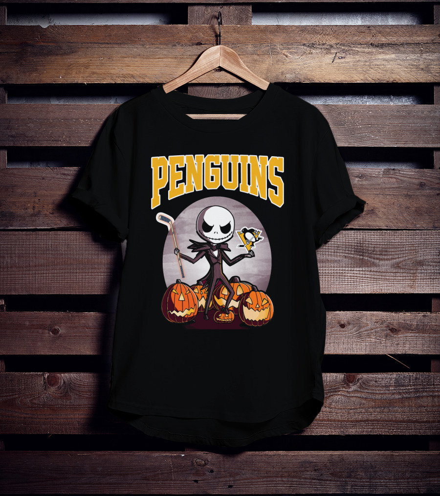 Penguins Jack Skellington Holding Hockey Logo With Pumpkins Halloween T-Shirt