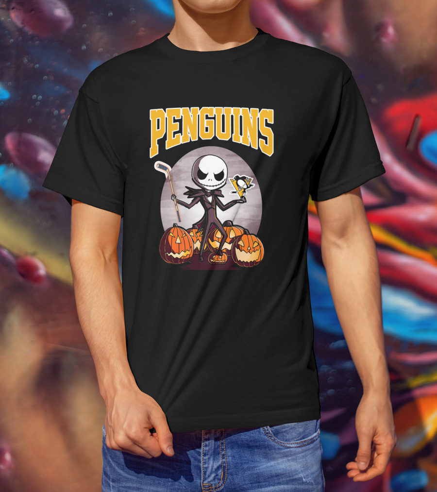 Penguins Jack Skellington Holding Hockey Logo With Pumpkins Halloween T-Shirt
