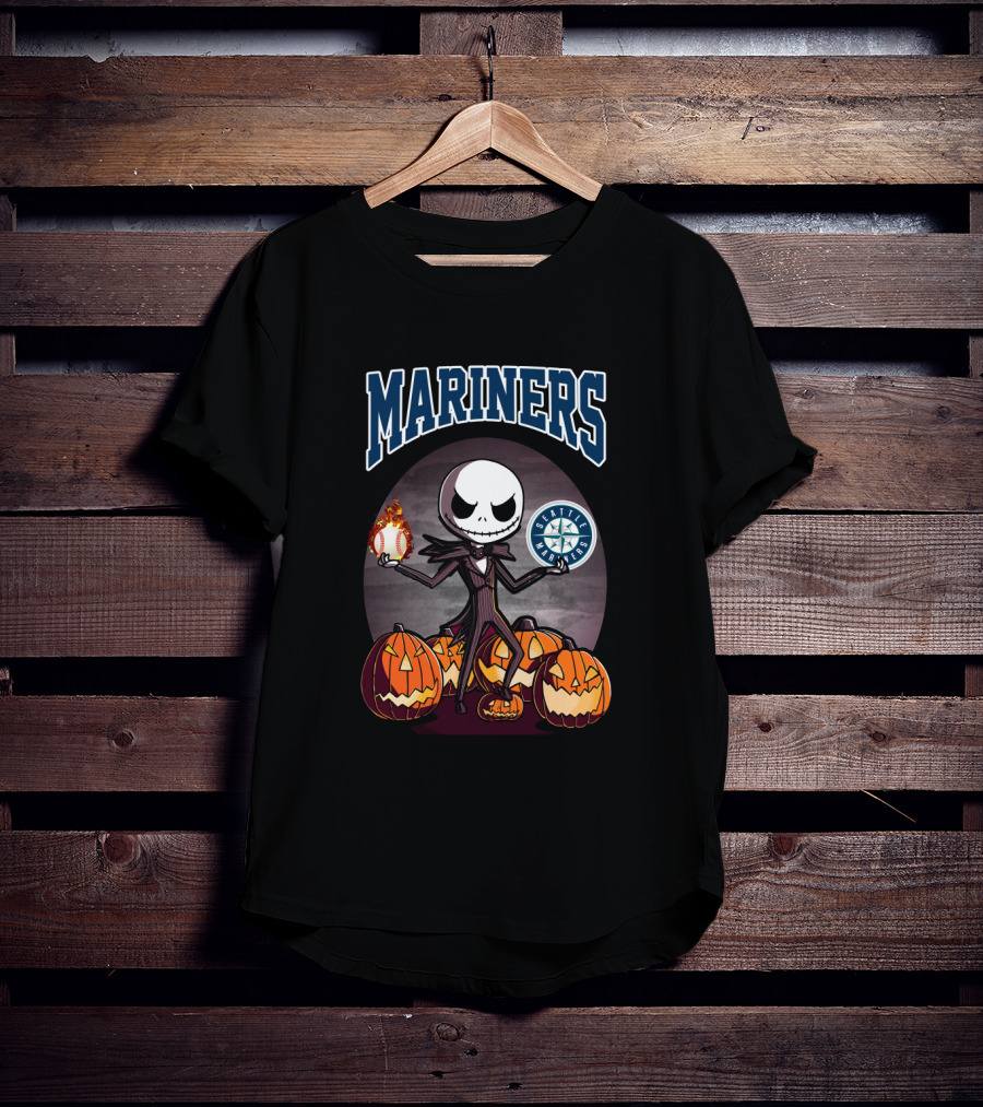 Mariners Jack Skellington Seattle Halloween Baseball And Pumpkins T-Shirt