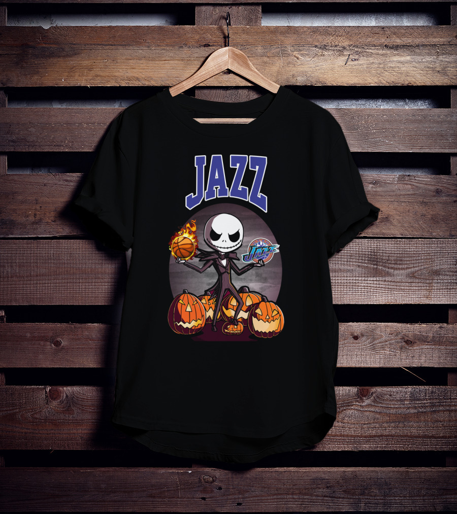 Jack Skellington Halloween Utah Jazz Logo Pumpkins Basketball Flamethrower Dual Image T-Shirt