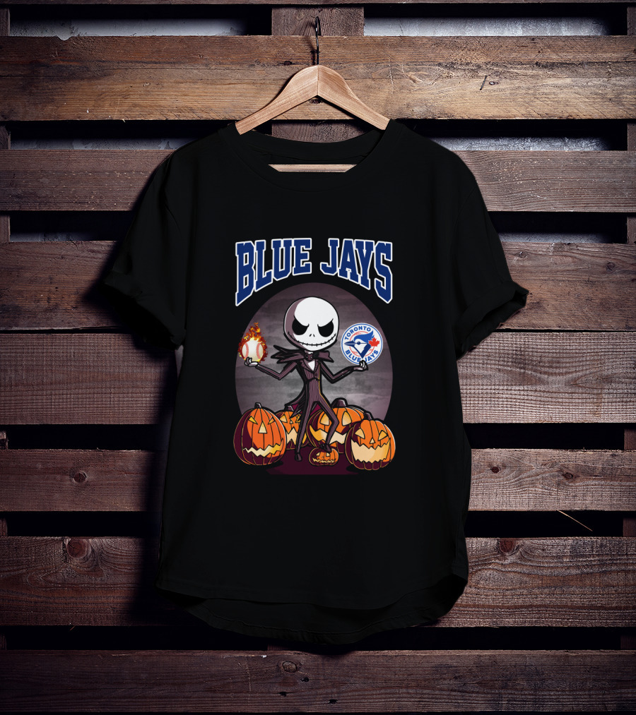 Jack Skellington Toronto Blue Jays Halloween With Pumpkins And Baseball T-Shirt